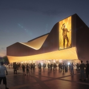 Modern indoor arena at night with city backdrop