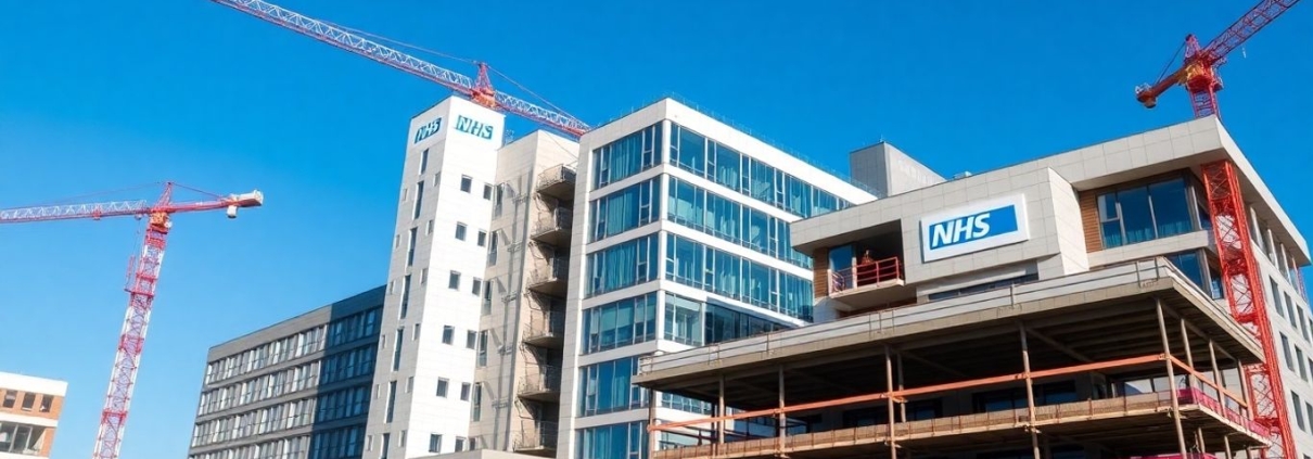 NHS hospital construction site with cranes and workers