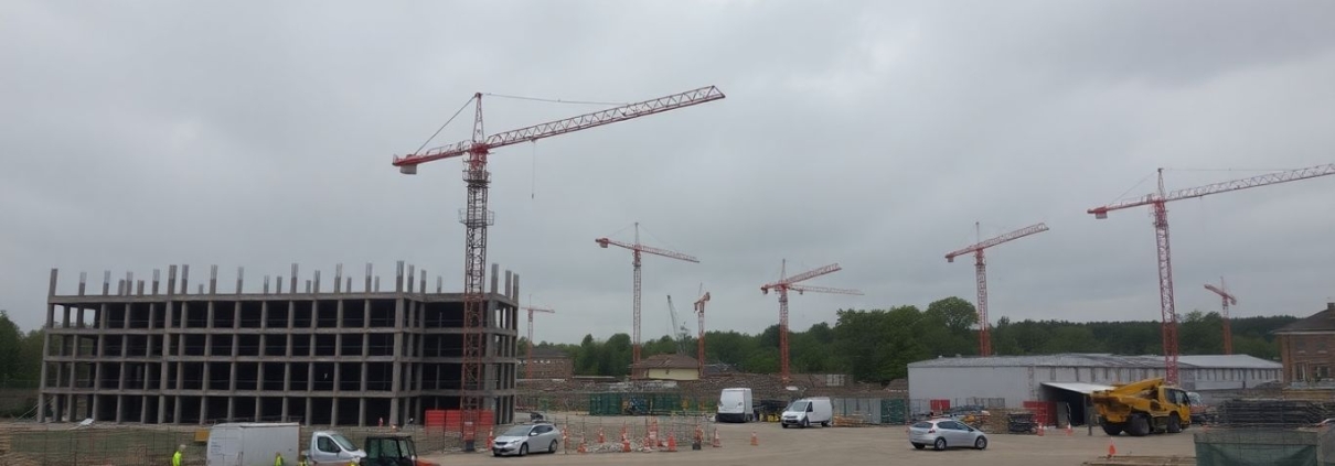 Quiet UK construction site with cranes and workers