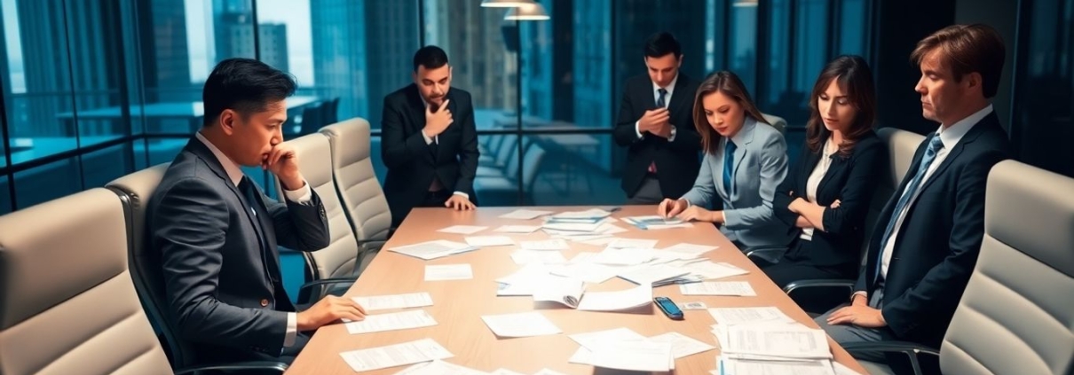 Distressed businesspeople around a conference table