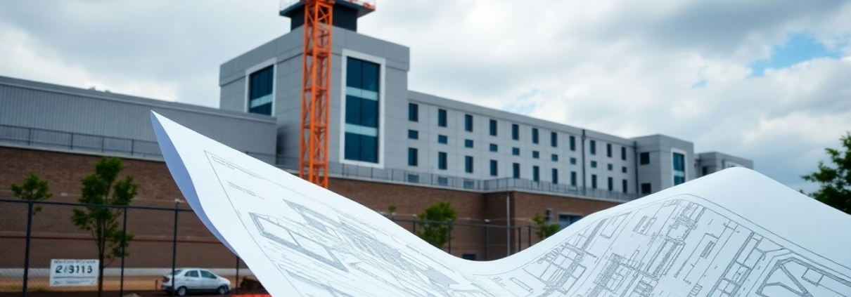 Prison construction site with crane and blueprints.