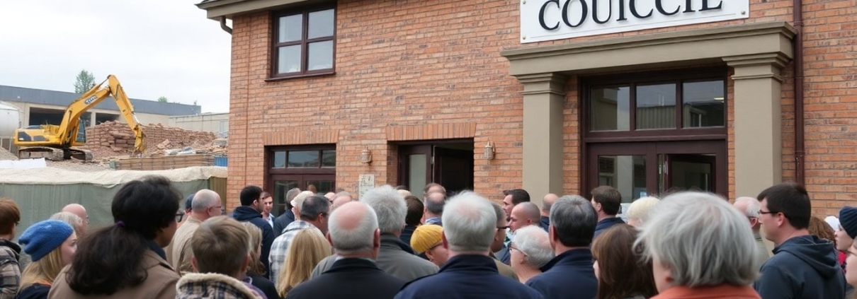 Burnley Council building with residents protesting development.