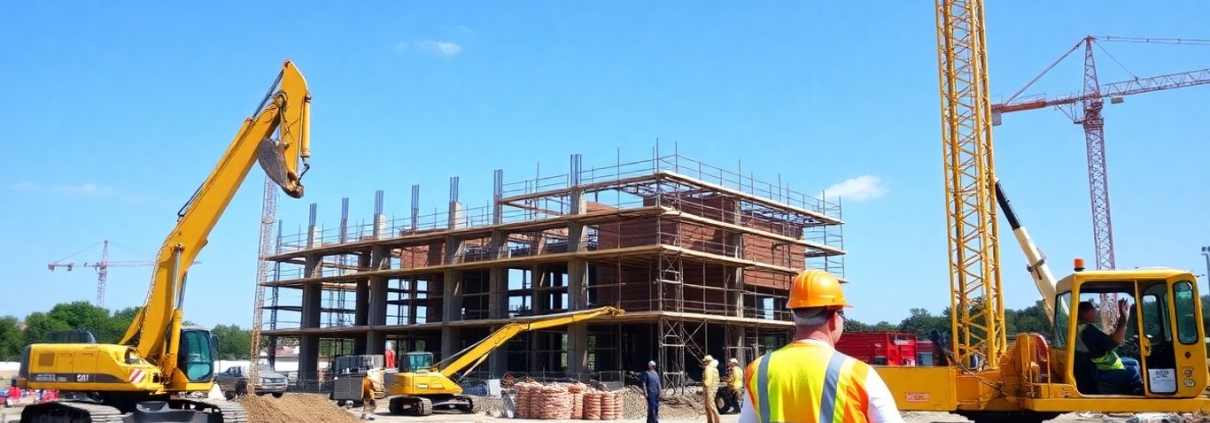 Construction site with machinery and workers.
