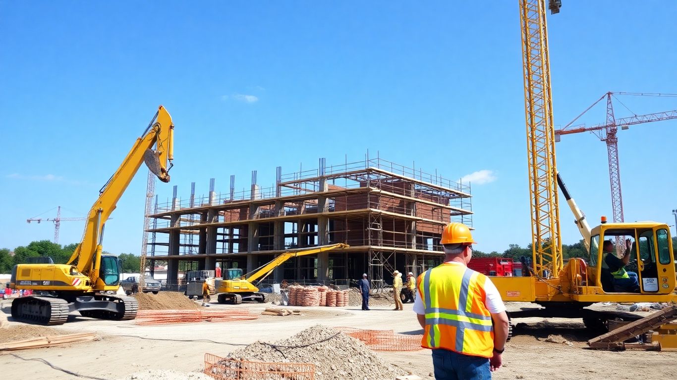 Construction site with machinery and workers.