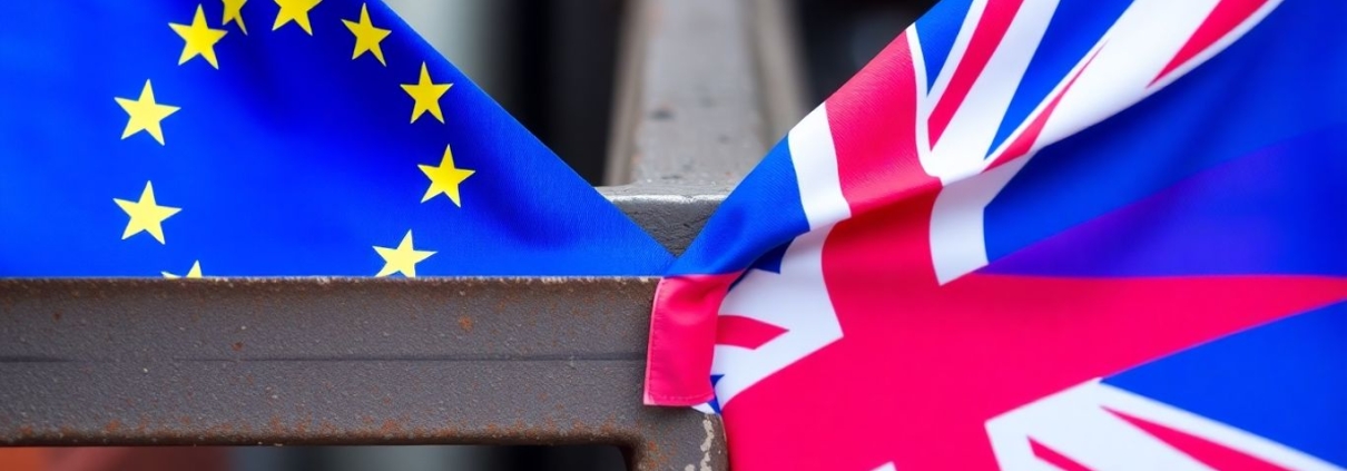 EU and UK flags facing off over a steel beam.