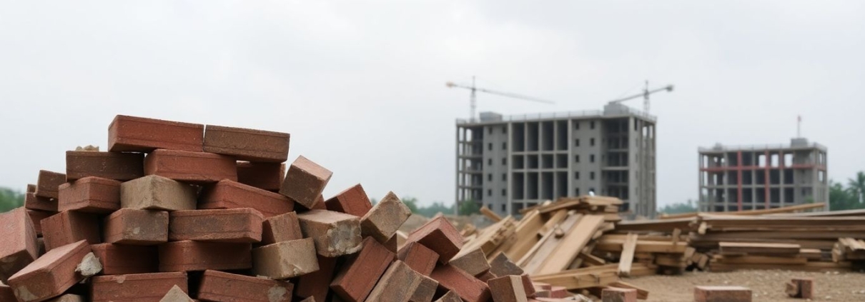 Construction materials piled up, unfinished site in background.