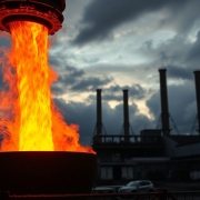 Steel production with industrial background.