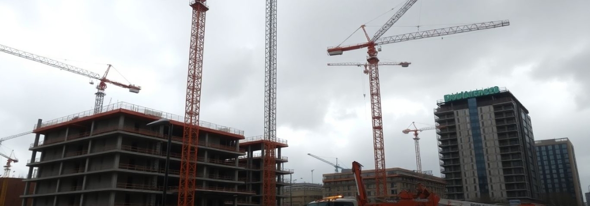 UK construction site with workers and cranes, subdued activity