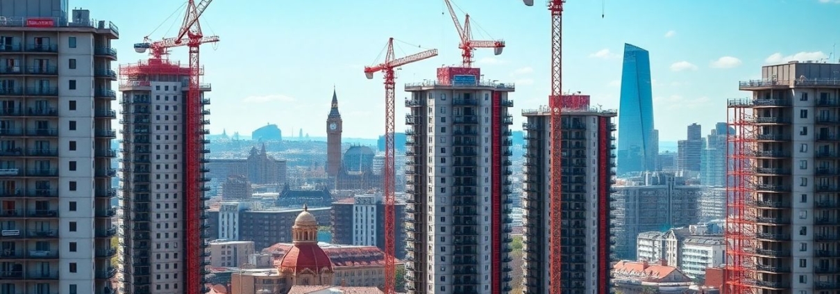 London skyline with new housing construction cranes.
