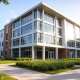 Modern university campus building with green surroundings.