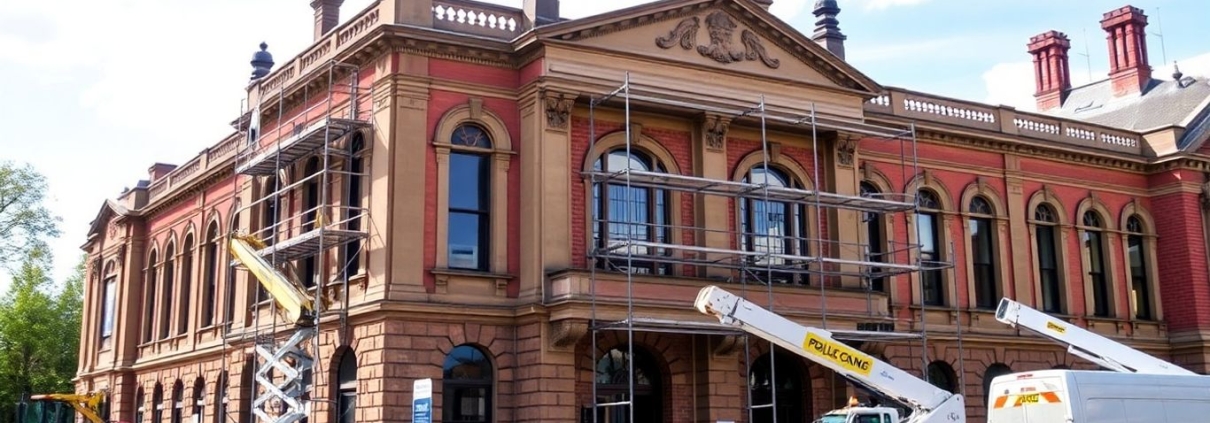 Wolverhampton police station under renovation with scaffolding.