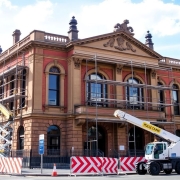 Wolverhampton police station under renovation with scaffolding.