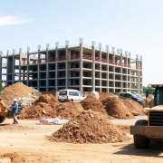 Construction site with machinery and workers at Atlantic Park.