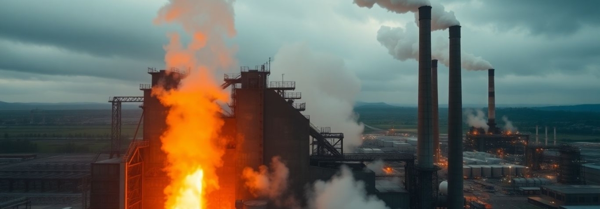 Steel mill with molten metal and smoke.