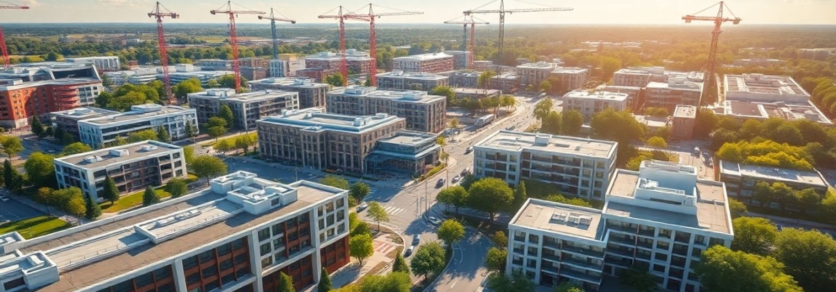 Luton town centre development with construction cranes.