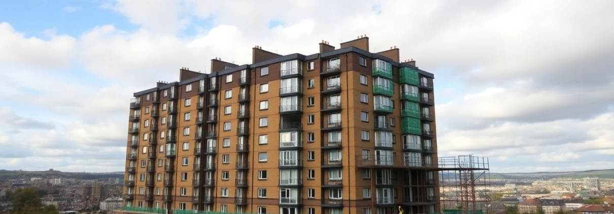 Edinburgh Banana Flats with scaffolding and green construction activity