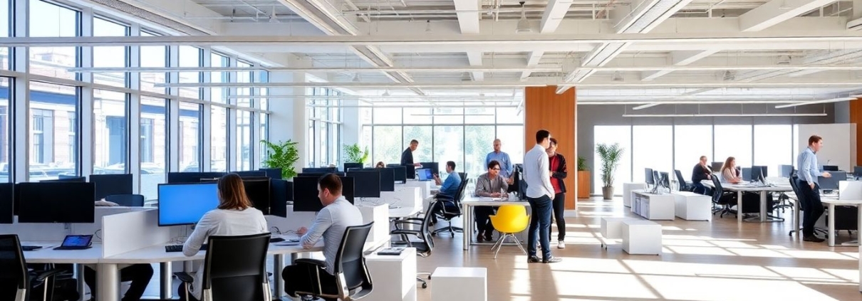 Modern office interior with workers collaborating.