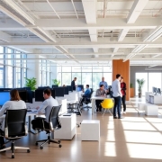 Modern office interior with workers collaborating.