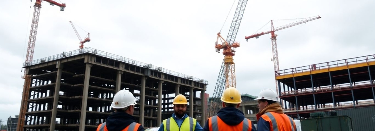 UK steelworkers at busy construction site with cranes