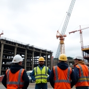 UK steelworkers at busy construction site with cranes