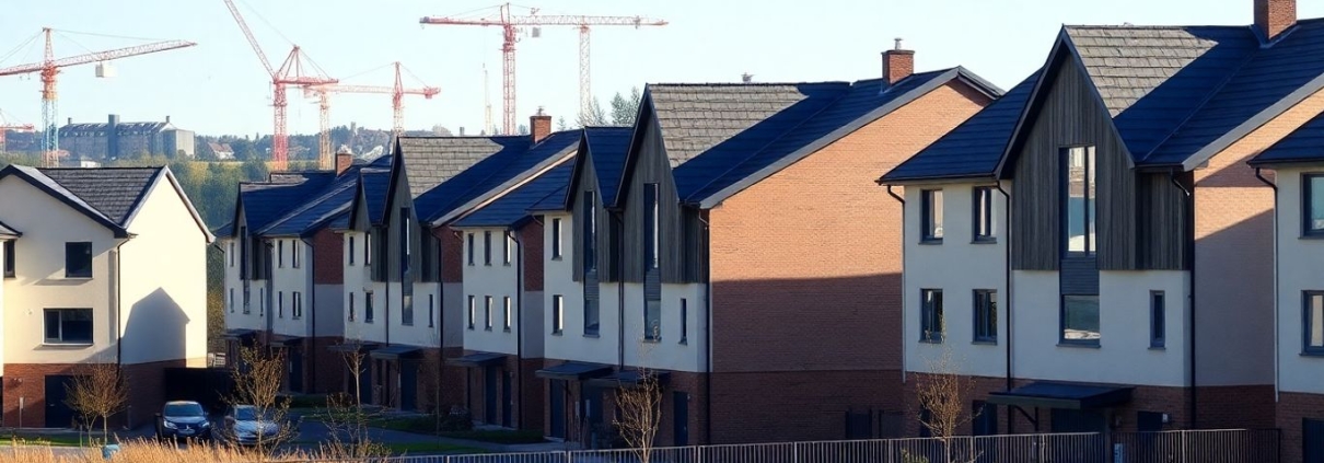 Modern Scottish housing development with construction cranes.