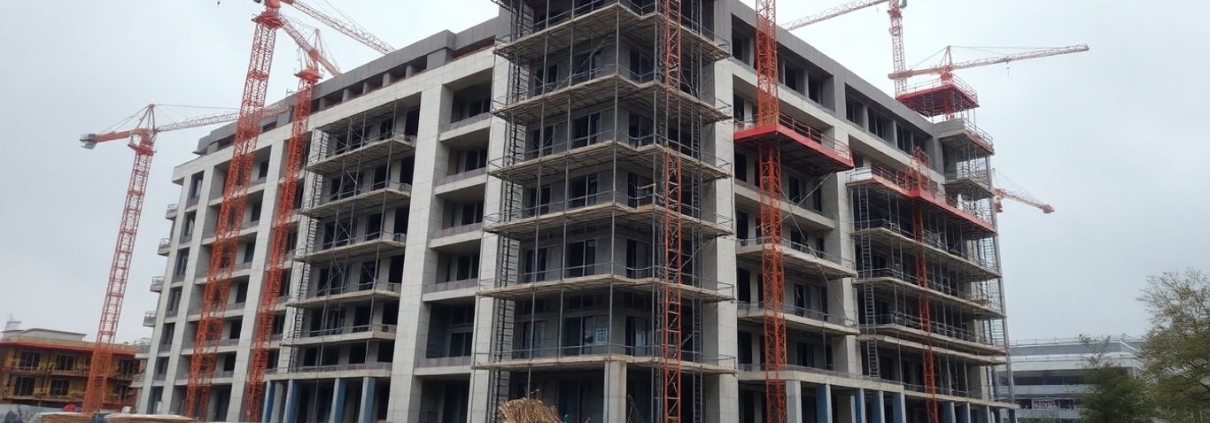 New hospital construction site with cranes and scaffolding.