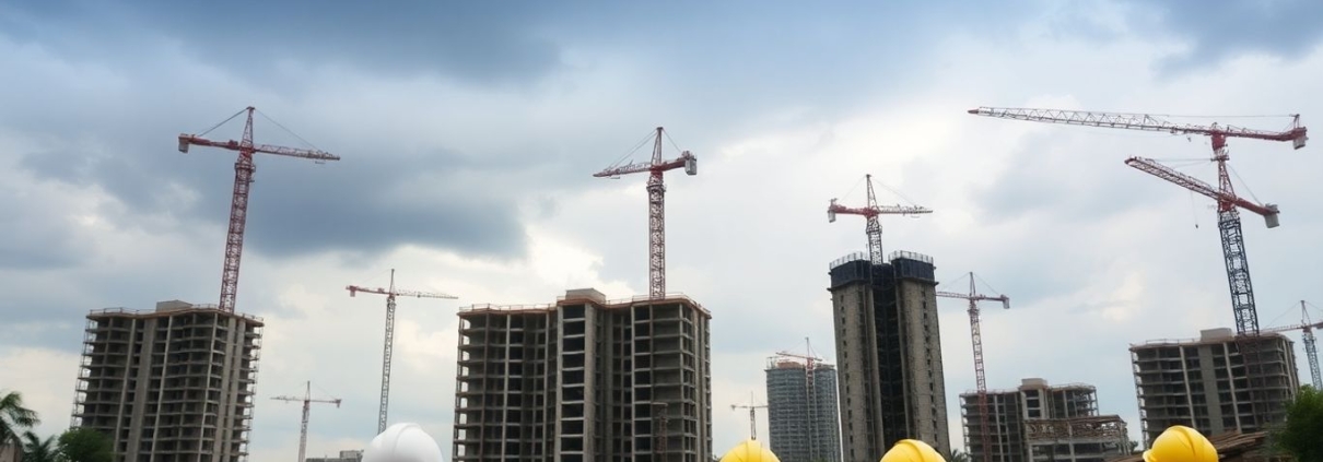 Construction site in decline with rubble and concerned workers.