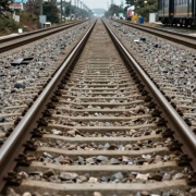 Empty train carriage on a railway track.