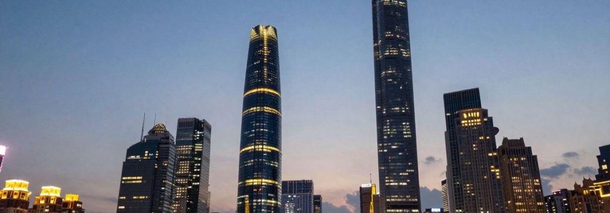 Cityscape at dusk with illuminated skyscrapers