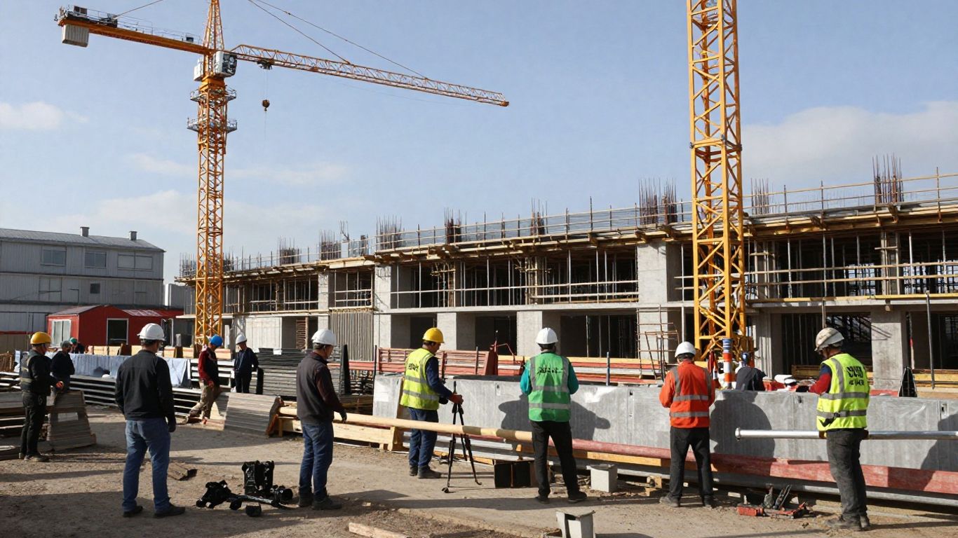 Construction site with cranes and workers in the Midlands.