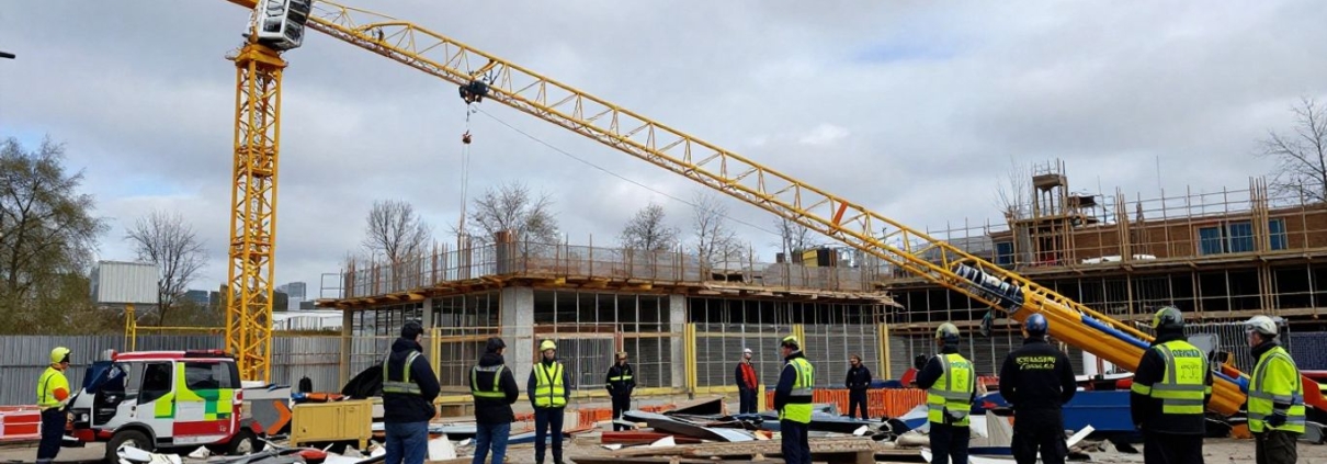 Collapsed tower crane jib on a construction site.