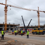 Bristol Airport terminal expansion construction site with cranes.