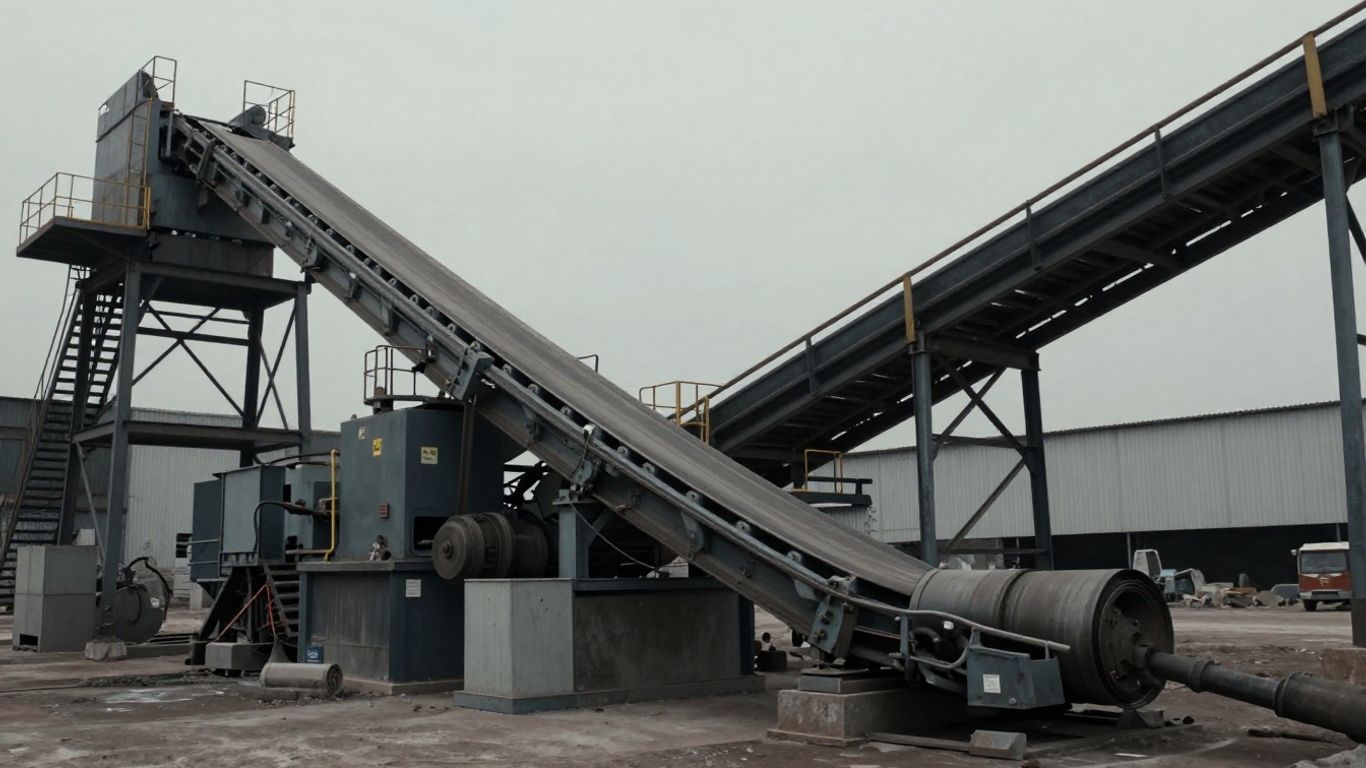 Industrial conveyor belt system in a quarry setting.