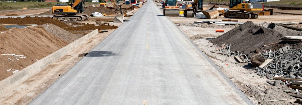 New concrete road construction with heavy machinery.