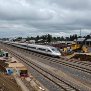 HS2 construction site with cranes and machinery.