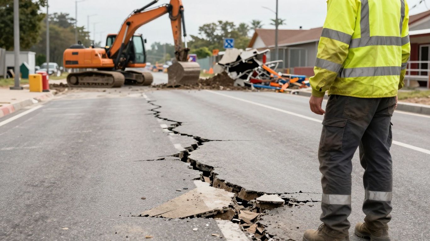 Crumbling road with potholes and a construction worker.